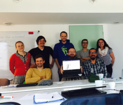 The authors. Top row, left to right: Joanne M. Bennett, Bérenger Bourgeois, Petr Keil, Benjamin Yguel, Kelly S. Ramirez. Bottom row, left to right: Carsten Meyer, A. Andrew M. MacDonald, Gabriel E. García-Peña. A. A. M. M. holds a laptop running Ubuntu GNOME Linux. Photo: Kelly S. Ramirez